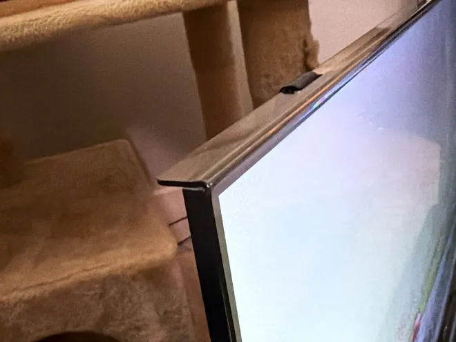 The acrylic protector's top edge hooked over the floor TV, the cat tree behind it.